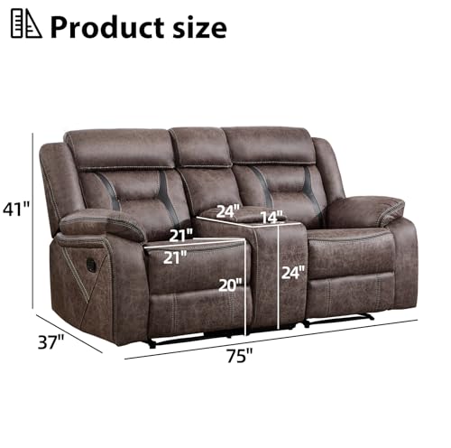 Image of EBELLO Faux Leather Manual Loveseat Recliner, 2 Seat Reclining Sofa Chair with Center Console, Hidden Storage and Cup Holders, Daul Recliner for Living Room, Meeting Room, Grey (Loveseat)