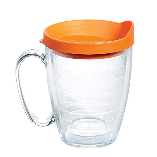 Tervis Clear & Colorful Lidded Made in USA Double Walled Insulated Tumbler Travel Cup Keeps Drinks Cold & Hot, 16oz Mug, Orange Lid