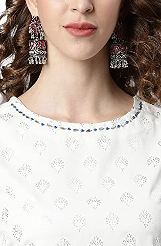 Image of Janasya Women's Off- White and Silver Poly Silk Kurti With Palazzo and Dupatta