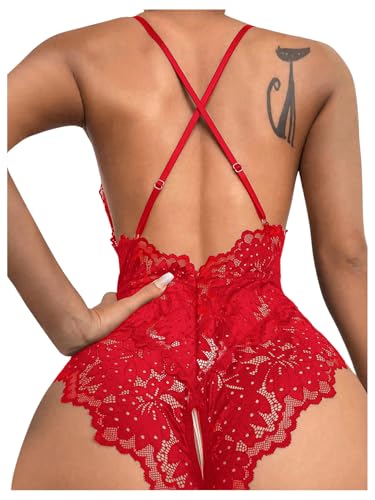 Image of SOLY HUX Women's One Piece Lingerie Sexy Lace Babydoll Deep V Teddy Criss Cross Backless Teddy Mini Bodysuit