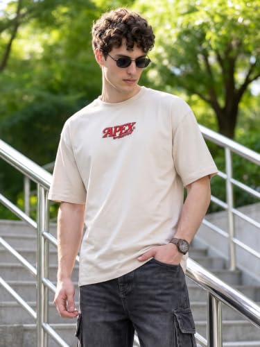 Image of Veirdo Men Bold Front & Back Printed Oversized Fit T-Shirt for Men, Cotton Fabric, Drop-Shoulder Streetwear Casual Graphic Tee, Stylish & Comfortable (OS VD APX SW S)