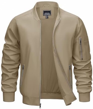 CRYSULLY Men's Bomber Jacket Lightweight Spring Fall Casual Windbreaker Full Zip Waterproof Outwear Coats Khaki M
