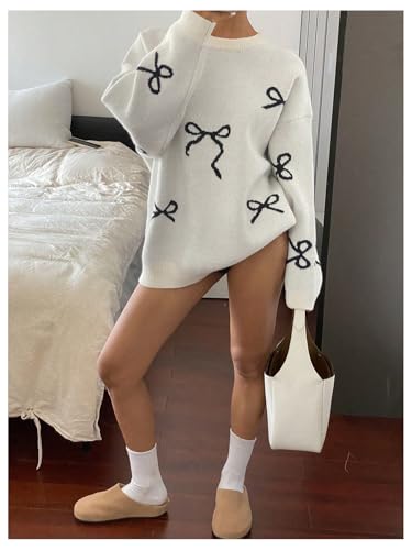 Women's Bow Print Sweater Long Sleeve Crew Neck Knit Oversized Pullovers Sweaters3