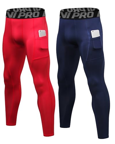 LNJLVI Sport Leggings Hombre Pantalón de Compresión Secado Rápido Pantalones Deporte Mallas con Bolsillos para teléfono (Navy-Rojo,L)