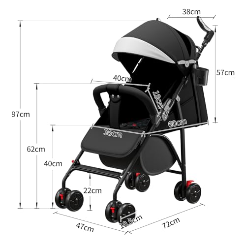 OHMG Reisebuggy flugzeug handgepäck,Kinderkraft Kinderwagen,Leichte Reise Buggy,Liegeposition, Kleine Maße nach Zusammenklappen,Vergrößerbares Verdeck,Für Geburt, bis 22 kg (A-Schwarz)