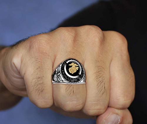 US Jewels Customizable Men's 0.925 Sterling Silver or Vermeil United States Marine Corps Military Solid Back Ring2