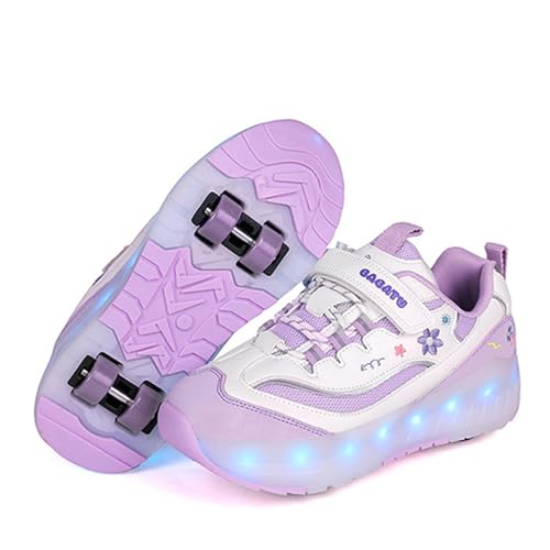 Mateju Zapatos con Ruedas para Niñas Niños Patines con 4 Ruedas Retirable y LED Luces Zapatillas Deportivas al Aire Libre, Zapatillas de Skateboarding Adulto Niña y Niño (Morado,31)