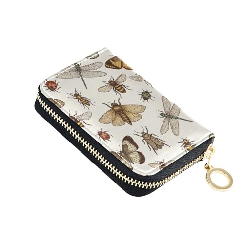 Leather Wallet for Women RFID Blocking Card Holder Cute Small Travel Cash Wallet with Coin Pocket Sketches Insects Bug Print Beige