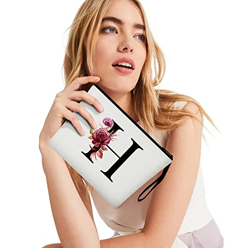 Image of Vavabox A-Z Personalized Makeup Bag, Birthday Gifts for Women Mom, Gifts for Best Friend, Bride Bridesmaid Cosmetic bag (H, 01-White)