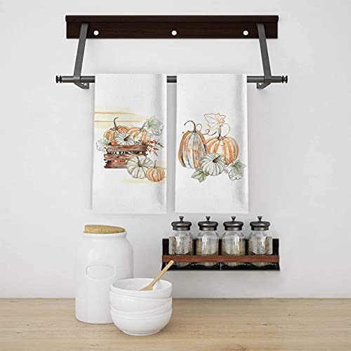 Seliem Fall Blue Pumpkin Patch Kitchen Dish Towel, Autumn Wooden Fence Bath Tea Bar Decorative Hand Absorbent Drying Cloth, Thanksgiving Watercolor Decor Sign Home Farmhouse Decorations 18” X 28” #TOP3