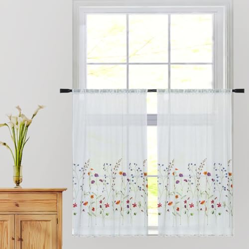 KFL027 Sheer Embroidery Pastoral Style cafecurtain White Sheer Tiers for Windows 2 Panels Wild Flower W30 XL36 X2 Tiers