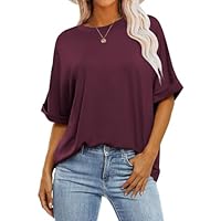 Cuptacc T-Shirt Donna Scollo Tondo Top Donna Estate Oversized T-Shirt Camicetta Lascia Top Manica Corta Medio Wine M 38-40