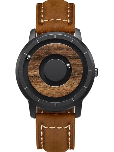 EUTOUR Reloj de Madera para Hombre Magnetico Cuarzo Sin Vidrio Rodamiento de Bolas Relojes de Pulsera para Hombres con Correa en Cuero Marrón Oscur