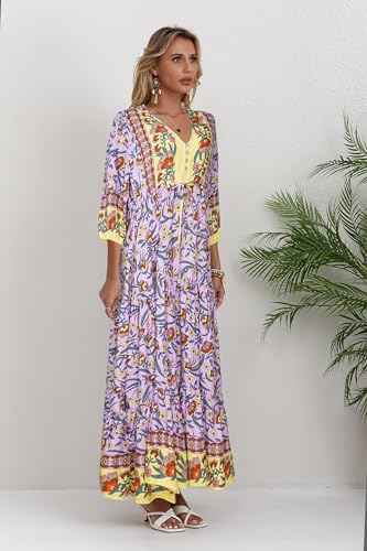 Image of Women Short Sleeve V Neck Floral Print Casual Bohemian Maxi Dresses