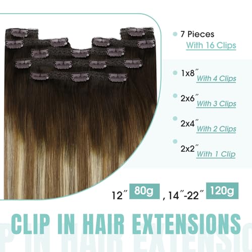Image of YoungSee Balayage Clip in Hair Extensions Real Human Hair Chocolate Brown Roots to Medium Brown with Blonde Ombre Clip in Extensions Human Hair Clip ins for Women 14inch 120g