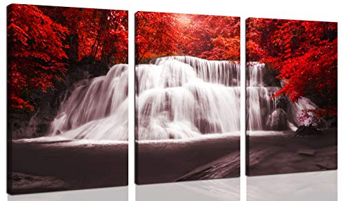 CERLMLAND Landscape - Wall Art Painting Black White Red Waterfall Canvas Wall Art 3 Pieces,Red Trees Forest Picture Prints for Home-Office - Canvas Art Wall Art for Living Room 16x24inchx3pcs