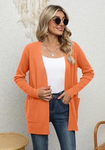 Yommay Strickjacke für Damen Elegante locker lässig leichtes Frauen Herbst Langarm Pullover mit Taschen,Orange,XXL