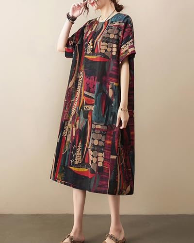 Image of LUZU JUNU Women's Summer Baggy Plus Size Loose Cotton Linen Long Boho Beach Dress with Pockets