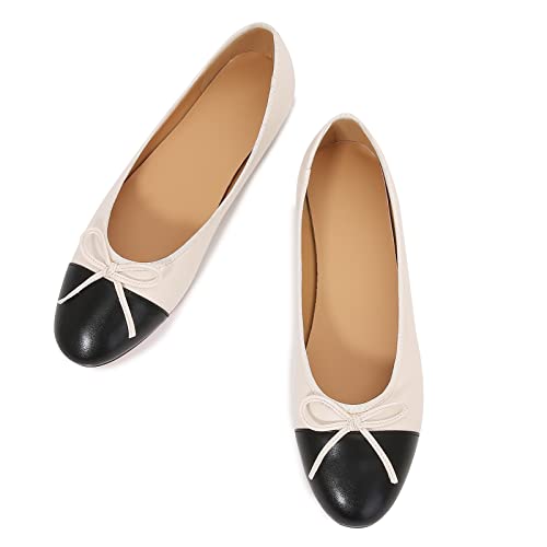 Image of Women's Cap Toe Ballet Flats Two Tone Bow Flats Round Toe Shoes for Women Slip on Casual, Work, Dress Flats Pumps for Women