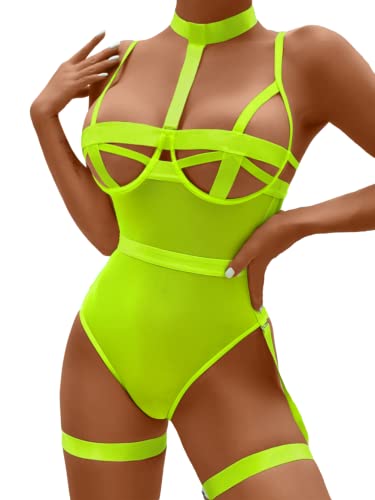 Kaei&Shi Sexy Teddy Lingerie For Women, Strappy Underwire Collar Keyhole Bodysuit, Thigh Cuff Fluorescent One Piece Body Suit Boudoir Glow In The Dark Blacklight Party Neon Green X-Large