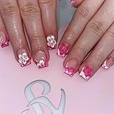 Pink Flower Press on Nails Short White French Tip Fake Nails Spring/Summer Pink White Flower French Designs False Nails Glossy Pink Short Acrylic Artificial Glue on Nails for Women Girls
