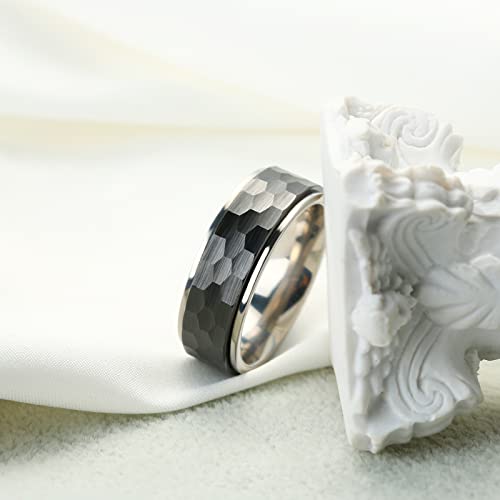 8Mm Titanium Fidget Wedding Rings Black Ceramic Hammered Spinner Rings For Men Women Silver, Nickel Free Anxiety Promise Engagement Ring Finger Band Comfort Fit Size 13.5 #TOP5