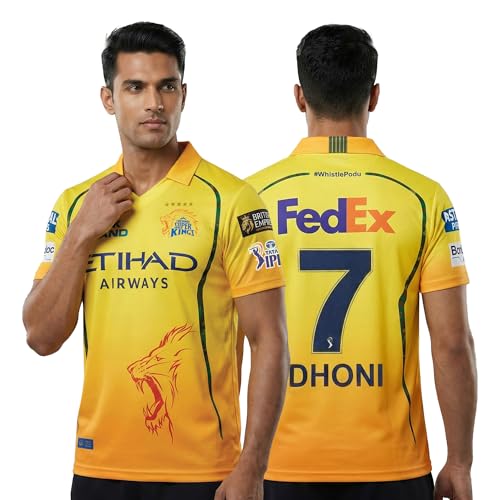 Image of playR x Chennai Super Kings Original Fan Jersey IPL 2026 - Adult Dhoni 7 Half Sleeve CSK Cricket T-Shirt, Regular Fit Sportswear Tee for Training, Outdoor & Match Day Activewear for All Season