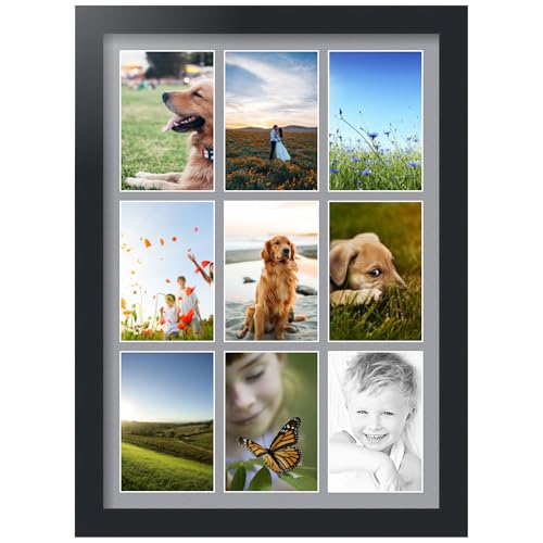 ArtToFrames Collage Photo Frame Single Mat with 9-4x6 Openings with Satin Black Frame and Silver mat.