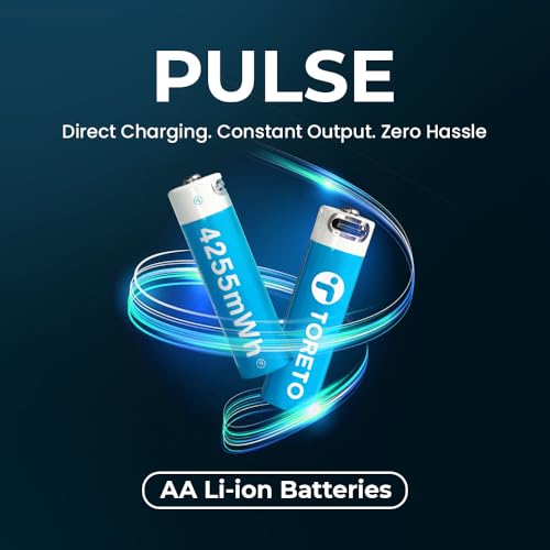 Image of Toreto Pulse AA USB-C Rechargeable Li-ion Battery 4255mWh (2 Pack) with Constant 1.5V Output, 2.5A High Discharge, Direct Type-C Charging, 1000+ Cycles, Leak-Proof Design