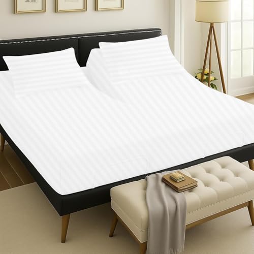 RECCI Flex Top King – Lot de 4 draps 100 % coton égyptien 1000 fils – Draps à tête fendue pour lit à matelas jusqu'à 45,7 cm d'épaisseur, très grand lit, 86,4 cm, rayures blanches