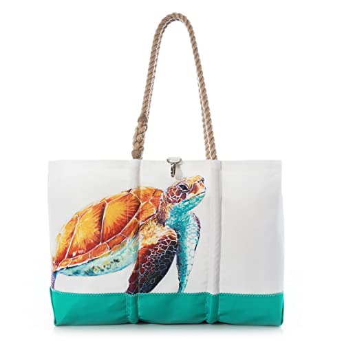 Sea Bags Recycled Sail Cloth Multicolor Sea Turtle Ogunquit Beach Tote, Water Resistant Boating Carryall Bag, Large Travel Tote with Interior and Exterior Pockets. Made in the USA