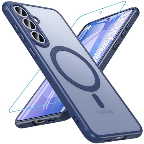 Image of OWKEY for Samsung Galaxy S25 FE Case 6.7'', Magnetic Galaxy S25 FE Case for Magsafe with Tempered Screen Protector [Shockproof Military] Translucent Matte Bumper Phone Cover Samsung S25 FE 5G, Blue