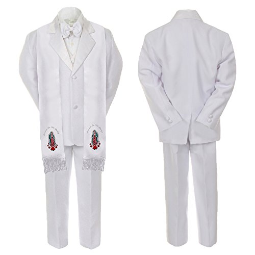 Image of New Born Baby Boy Baptism White Notch Lapel Suit Silver Guadalupe On Stole SM-20