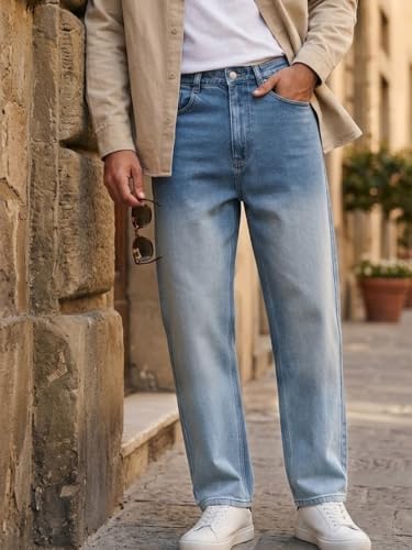Image of Urbano Fashion Men's Loose Baggy Fit Heavy Washed Faded Denim Jeans Non-Stretchable