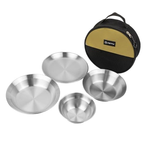 Domary Camping Tableware Sets, 8pcs Stainless Steel Plates and Bowls for Outdoor Camping Hiking Picnics Barbecues, Reusable Stackable Lightweight (4pcs)
