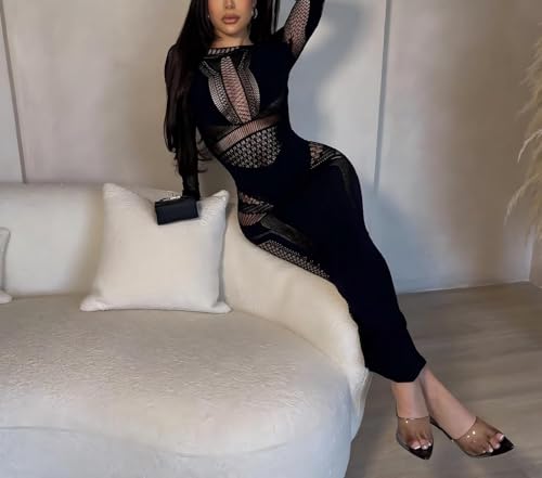 Women's Sexy Hollow Out Long Sleeves See Through Club One Piece Mesh Bodycon Maxi Dress3
