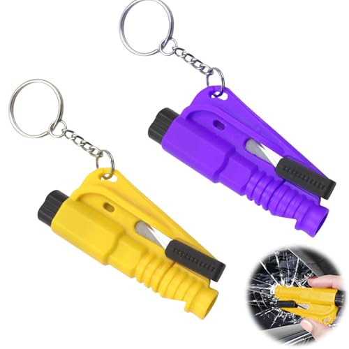 Ruzister 2 Stück 3 In 1 Notfall Schlüsselanhänger Mit Fensterbrecher Und Gurtschneider, Rettungshammer Für Autos, Tragbar Und Einfach Zu Bedienen, In Lila Und Gelb