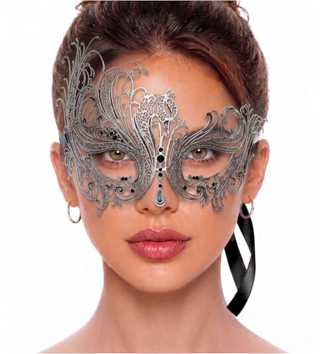 Image of Metal Filigree Masquerade Mask for Women - Swan Style Mask with Rhinestones for Mardi Gras, Prom, Halloween & Venetian Party