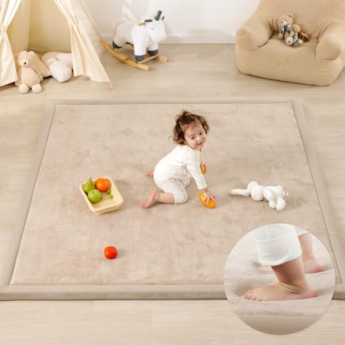 Image of 1.3 inch Thick Baby Floor Play Mat, 59x79 Padded Foam Tummy Time Crawling Mat, Non-Slip Water-Repellent Soft Plush Nursey Area Rug for Playroom Bedroom Living Room (Beige)