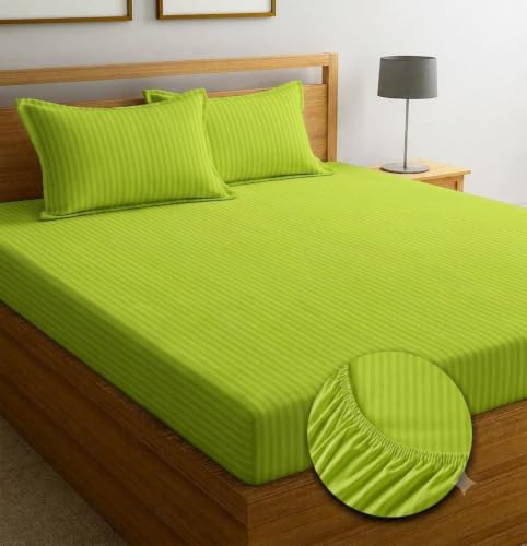 Image of Satin Striped Glace Cottonelastic Fitted bedsheets Double Bed with 2 Pillow Cover| 72 x 78 Inch | Fits Up to 10 Inch | Soft & Smooth Hotel Collection | Breathable, Fade Resistant