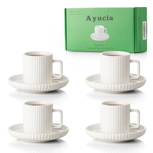 AYUCIA 2.5OZ Espresso Cups Set of 4, White Cream Ceramic Demitasse Espresso Mugs with Saucers, Small Coffee Cups for Single/Double Espresso Shots
