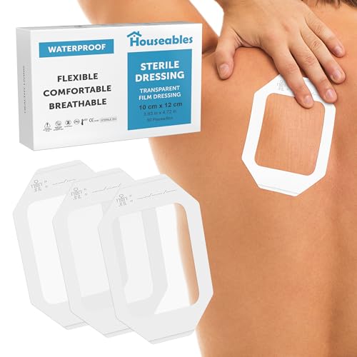 Houseables Waterproof Bandages, Transparent Film Dressing, Waterproof Bandages Post Surgical, for Wound Cover, Showering, Patches for Skin, Swimming, Tattoo, Medical, IV, Clear, 4x4 3/4, 50 Pack