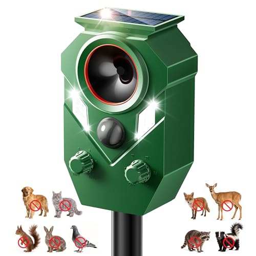 Solar Ultrasonic Animal Repellent, 1 Pack Deer Repellent Device Outdoor, IP65 Waterproof Cat Repeller with RIP Sensor, Effective Deterrent Dogs, Raccoons, Skunks, Squirrels, Rabbits - Green