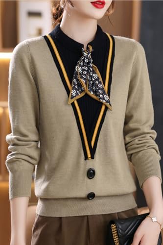 Image of LAI MENG FIVE CATS Women's Fall Tie Neck Sweater Shirt Long Sleeve Patchwork Knit Retro Pullover Tops
