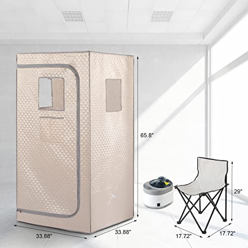 Smartmak Portable Home Steam Sauna, Full Size Personal Sauna Spa Box, Single Saunas Tent with Steamer, 4L 1500W Steam Generator 99 Min Timer, Remote Control, Upgraded Foldable Chair, Mat, Champagne