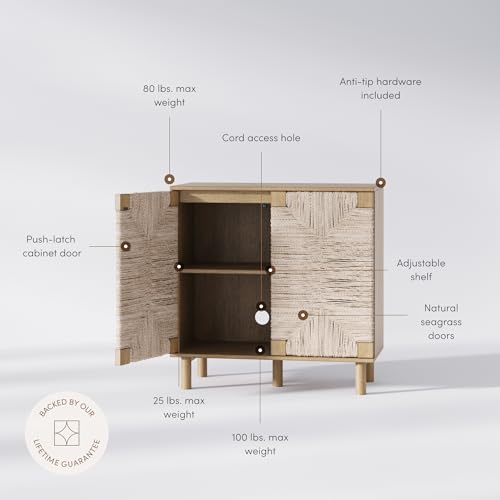 Image of Nathan James Beacon Accent Natural Sideboard Storage Cabinet in Light Wood with Adjustable Interior Shelf and Seagrass Doors, for Hallway, Entryway or Dining Room, Light Brown