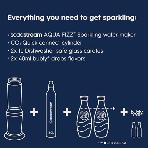 SodaStream - Aqua Fizz Sparkling Water Maker | VALUE BUNDLE | GLASS Carbonator | CQC CO2 System | Includes 2x Elegant Glass Carafes, 2x CO2 Cylinders, 2x Bubly Flavor Drops | Dishwasher Safe | Black