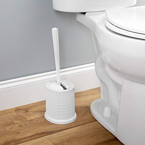 Image of Bath Bliss Self Closing Lid Toilet Brush with Rim Scrubber | Dimensions: 5. 9 inch x 5. 3 inch x 15. 4 inch | Self Closing | 360 Degree Bristle | Bathroom Cleaning | Separate Rim Scrubber | White