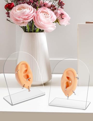 2 Pcs Soft Silicone Ear Model with Acrylic Stand, Left and Right Flexible Fake Ear for Earrings Display, Realistic Ear Model for Piercing Practice, Acupuncture Teaching Tool4