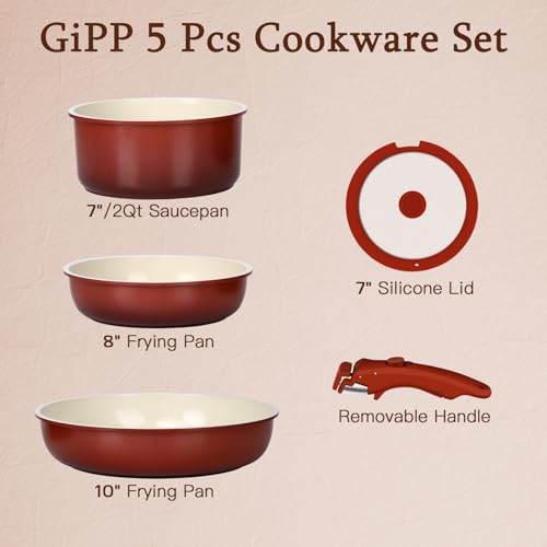 Image of GiPP 5PCS Pots and Pans Set Non Stick, Nonstick Cookware Set Detachable Handle, Ceramic Pots for Cooking Non Stick with Removable Handle, RV Cookware Set for All Stoves, Red Black Gradien